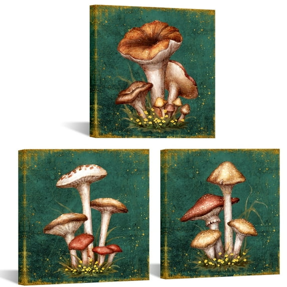 Visual Art Decor 3 Piece 12x12 inch Wood Framed Botanical Wall Art Brown Mushroom 3-Piece Wall Art Living Room Wall Plant Poster Pictures Wall Artworks Home Decorations