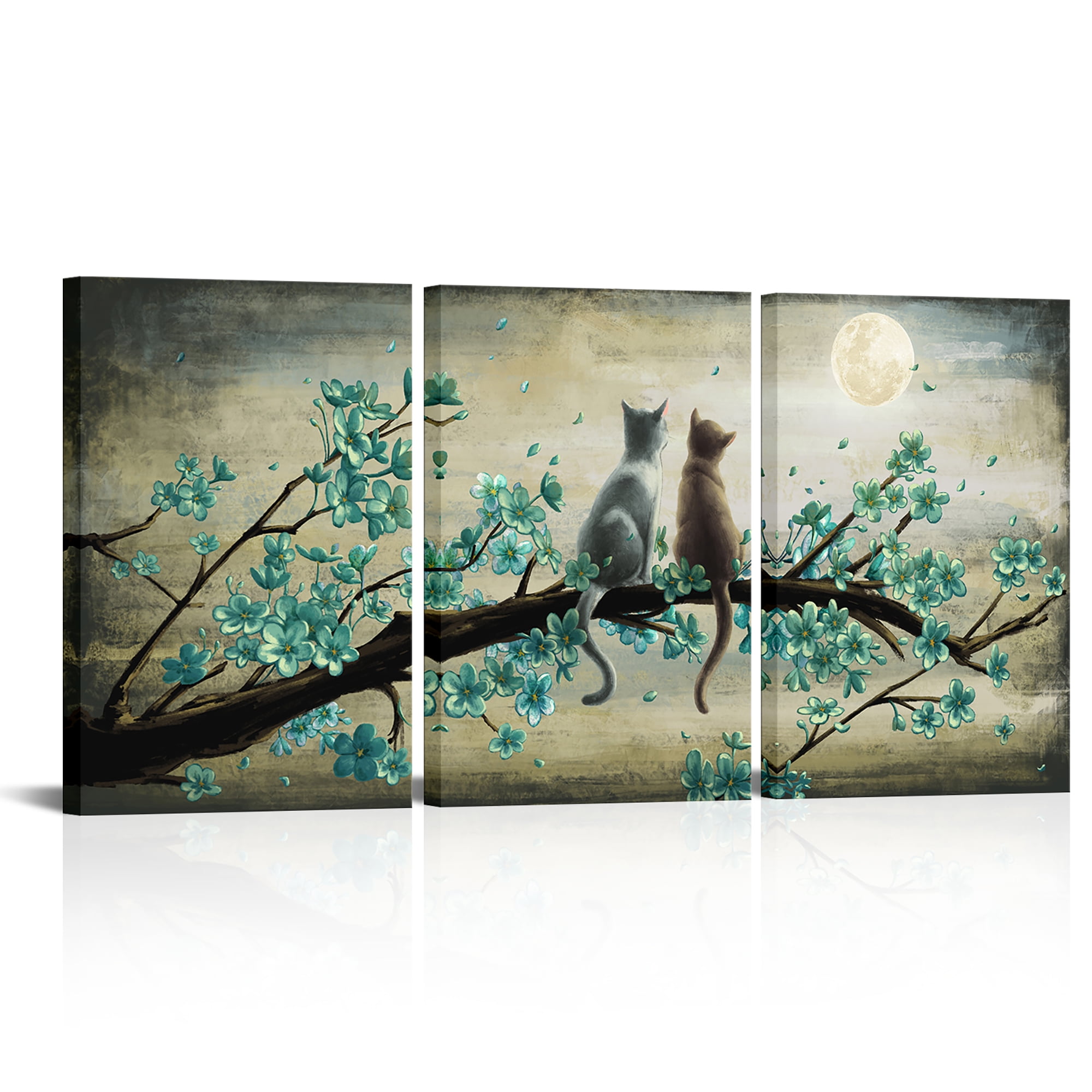 Visual Art Decor 3 Piece 16x24 inch Modern Abstract Wall Art Decor Cat Look at The Moon Framed Canvas Wall Print Set for Living Room Ready to Hang Decoration