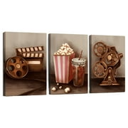 Visual Art Decor 3-Piece Framed Painting Canvas Art Prints - Classic Old Fashion Film Reels Popcorn Poster Vintage Bar Pub