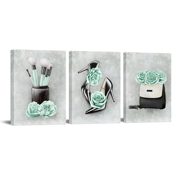 Visual Art Decor 3 Pieces 12 x 16 inch Framed Wall Art Painting Leopard Fashion Makeup Handbags High Heels Wall Art Decor for Living Room