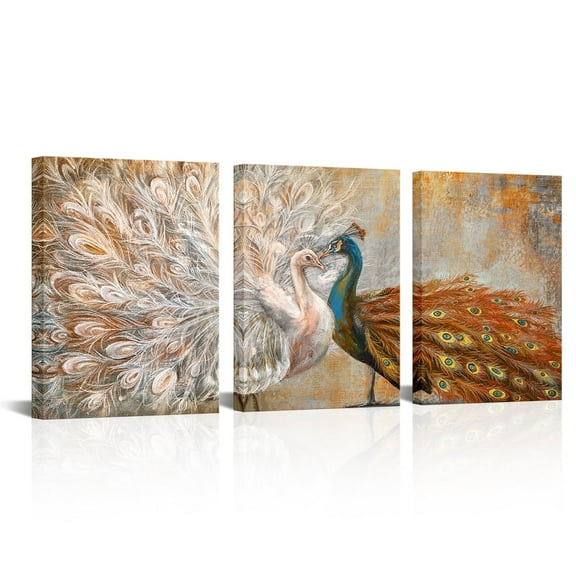 Visual Art Decor 3 Pieces 12x16 inch Orange Framed Canvas Wall Art Clearance Peacock Feather Painting Pictures and Wall Decor for Living Room Bedroom Office