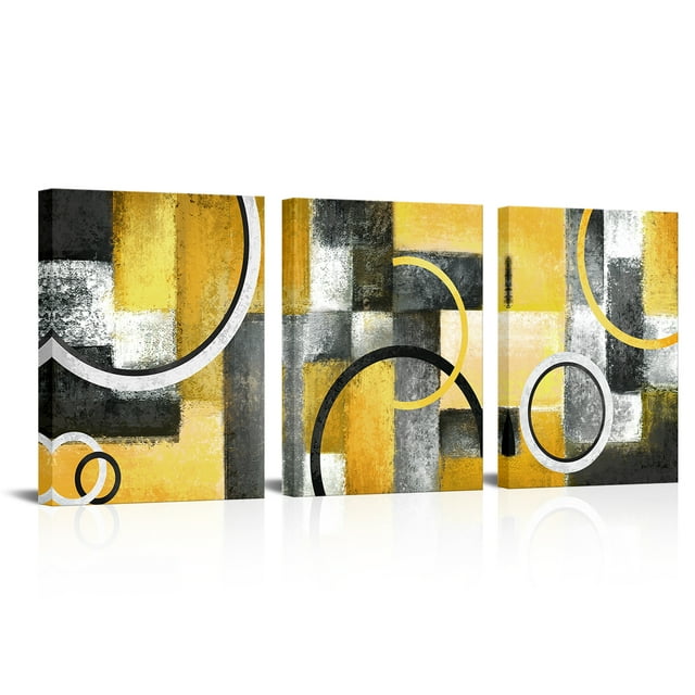 Visual Art Decor 3 Piece 12x16 inch Abstract Yellow Framed Canvas Wall