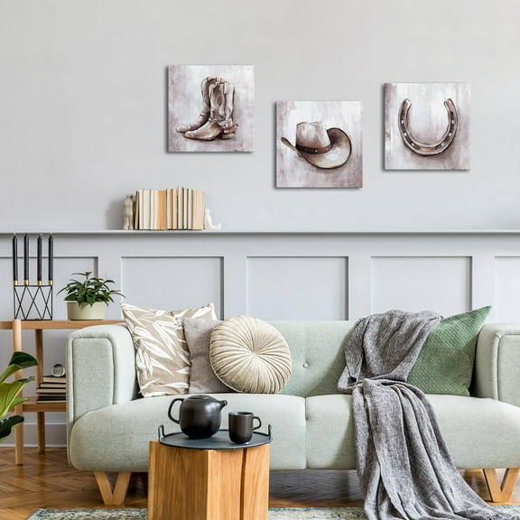 Visual Art Decor American West Cowboy Wall Art Paintings 3 Pieces 12 x 12Inch Framed Drawing Canvas Art Prints