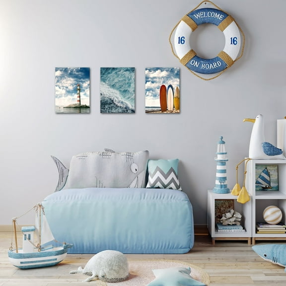 Visual Art Decor Blue Ocean Pictures Surf Sea Wave Scenery Seaside Lifeguard Tower Painting Tropical Seascape Prints Coastal Canvas Wall Art 12" x 16" Framed Drawing Canvas Art Prints Set of 3