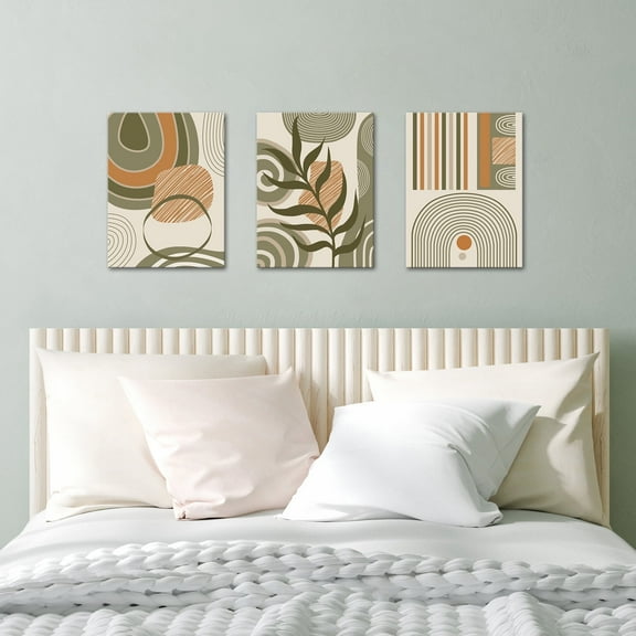 Visual Art Decor Boho Framed Wall Art Clearance Prints Abstract Geometric Poster Mid Century Modern Home Wall Decor Framed Set of 3 Pieces Botanical Leaves Wall Decoration 12"x16"x3 Panels