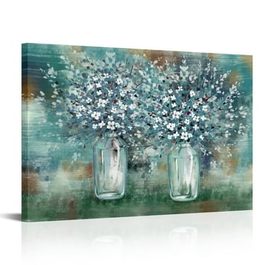 Visual Art Decor Bouquet Abstract Framed Canvas Wall Art Poster Picture Green Flowers, 16" x 24", Painting