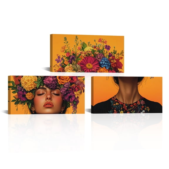 Visual Art Decor | Enchanting 8x16 Inch Triptych Framed Artwork - Woman with Flowers in Her Hair - Ideal for Bedroom, Living Room, or Hallway Dcor - Bring Nature's Beauty and Elegance to Your Home