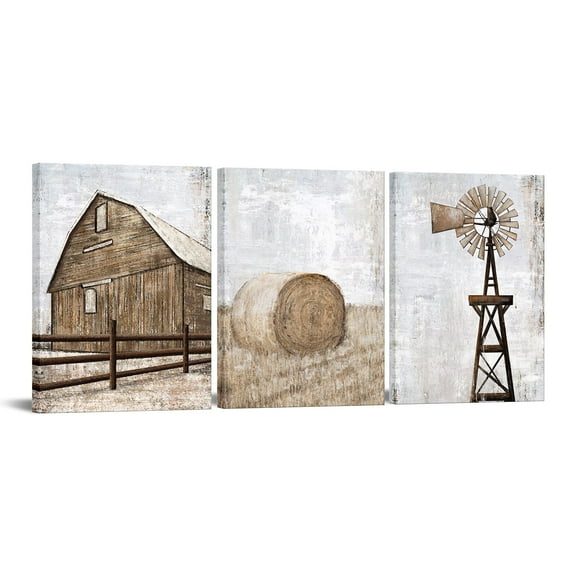 Visual Art Decor Farmhouse Poster Rustic Barn Windmill Cornfield Pictures Countryside Rural Landscape Wall Art Painting 12 x 16 Framed Canvas Art Prints Set of 3