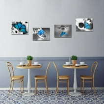 Visual Art Decor Flower Framed Canvas Wall Art Clearance Blue Butterfly on Daisy Floral Picture Canvas Painting Black White Nature Print Landscape Artwork Home Kitchen Living Room Bedroom Decoration