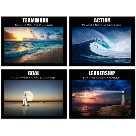 Visual Art Decor Large Motivation Teamwork Leadership Action Goal Inspirational Quotes Canvas Wall Art Ocean Waves Sea Seascape Picture Prints for Home Office Wall Decoration Set of 4 Ready to Hang