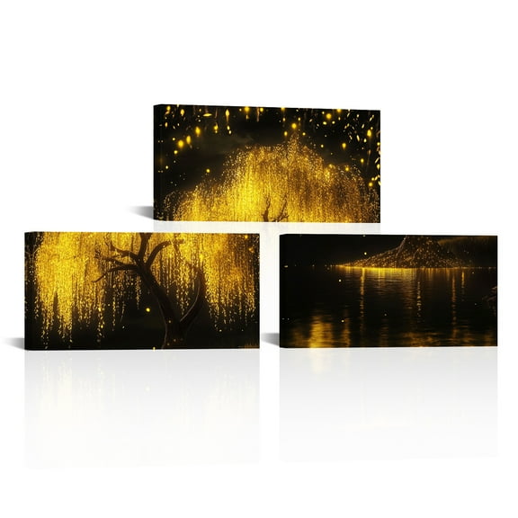 Visual Art Decor Mesmerizing 8x16 Inch Triptych Framed Art Golden Willow Tree Illuminated by Golden Light Effect Against Dark Backdrop Ideal for Modern Home Office