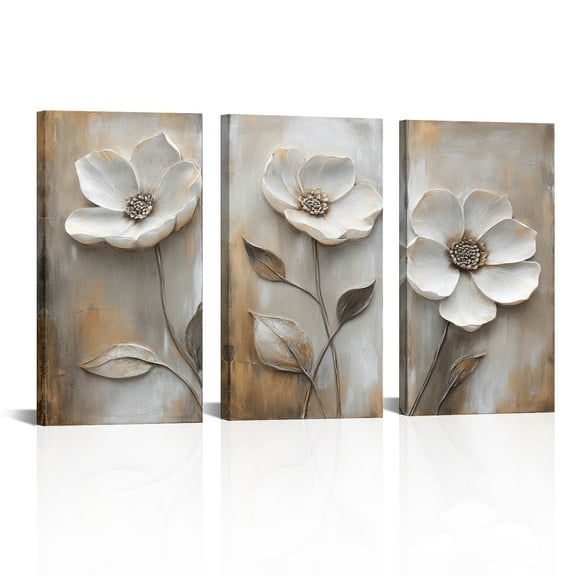 Visual Art Decor Neutral Tones Textured Floral Canvas Wall Art - 3 Panel Modern Botanical Print 8x16 Inch Trio Set, Ready to Hang Home Dcor for Living Room, Bedroom, Office