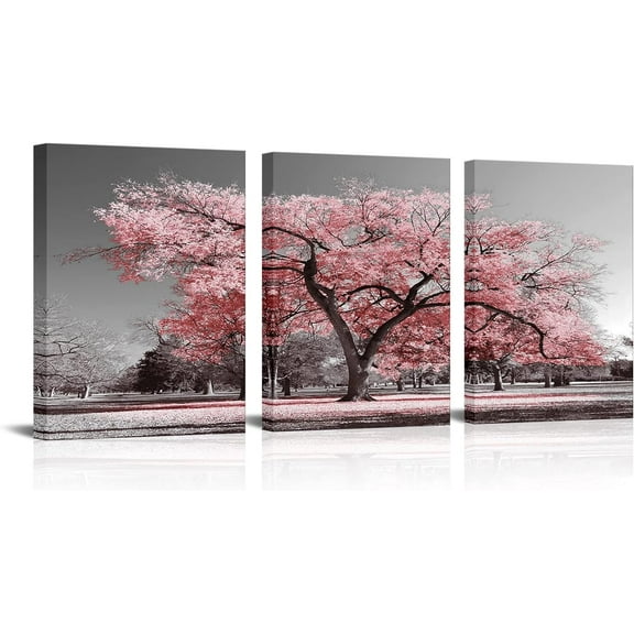 Visual Art Decor Pink Tree Canvas Wall Art Pink and Grey Room Decor Cherry Blossom Wall Art Modern Art Framed Ready to Hang Living Room Wall Decor 12x16inchx3 Piece