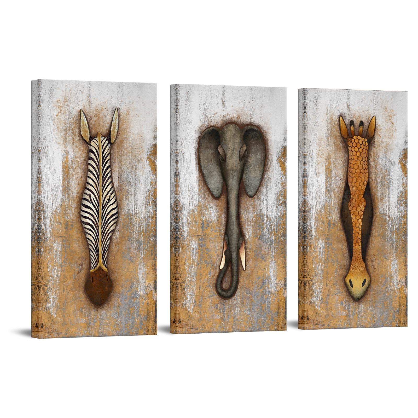 Visual Art Decor Vintage African Animal Canvas Wall Art Painting Giraffe  Zebra Elephant Wildlife Picture Rustic Print Home Decor Poster Stretched and  Framed Artwork 12 x 24 inch x 3Pcs
