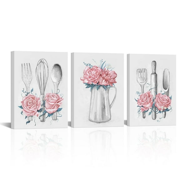 Visual Art Decor Kitchen Art Pink Kitchen Decor Painting Framed Ready to Hang 12x16inchx3Pieces