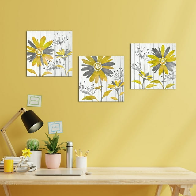 Visual Art Decor Yellow and Gray Daisy Flower Framed Canvas Wall Art
