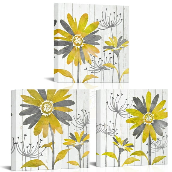 Visual Art Decor Yellow and Gray Daisy Flower Wood Framed Canvas Wall Art Clearance Pictures Poster Prints for Bathroom Bedroom Painting Girl Room Gallery Poster Artwork Ready to Hang 12"x12"x3 Pcs