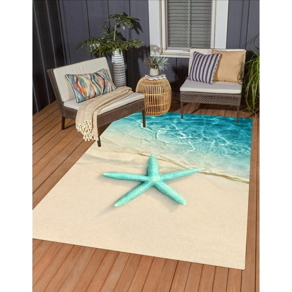 Visual Blue Sea Water Beach Theme Starfish Print Pattern Area Rug For Deck Patio Porch Washable Non Shedding Outdoor Carpet In Terrace Pool Durable Minimalist 3D Floor Mat 1x2ft
