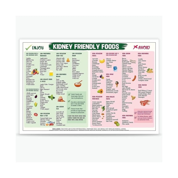 Visual Kidney Health Guide Poster Renal Friendly Food Chart with Low Sodium and Phosphorus Grocery List for Daily Meal Planning Home Kitchen Decor