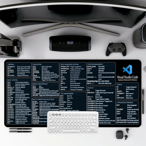 Visual Studio Code Keyboard Shortcuts Mouse Pad 35.4 x 15.8 Inches Rubber Desk Mat for Programmers and Developers