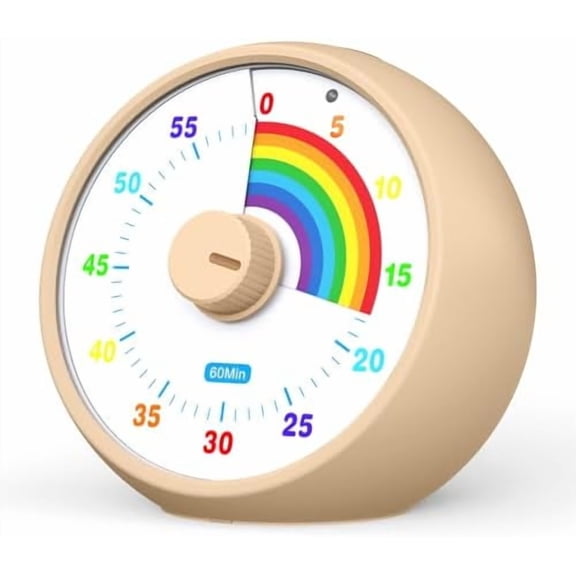 Visual Timer for Kids, 60-Minute Countdown Timer for Classroom Office Kitchen, Desk Timer Kids Time Management Tools with Silent Operation, Pomodoro Time Rainbow Pattern(Khaki)
