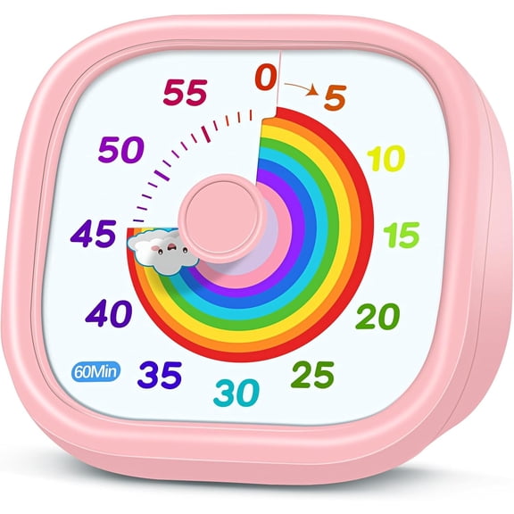Visual Timer for Kids - 60 Minute Pomodoro Timers for Classroom Kitchen Office, Countdown Kids Timer Clock with Rainbow Disk, Desk Time Management Tool for Toddler with Silent Operation, Pink