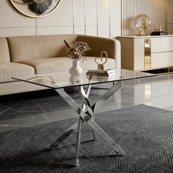 Visually Light & Space-Saving! Rectangular Tempered Glass Dining Table with Slim Metal Frame for Small Apartments, Cozy Dining Rooms, Kitchens
