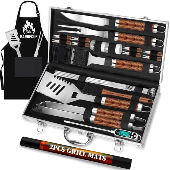 Visualz 26pcs Stainless Steel Grill Tool Set, Heavy Duty BBQ Grilling Accessories Gifts for Men Dad, Non-Slip Grill Utensils Kit with Apron, Thermometer, Mats in Aluminum Case for Christmas Brown