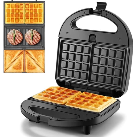 Visualz 3-in-1 Sandwich Maker with Removable Plates, Panini Press, Waffle Maker, Non-Stick, 750W Compact Breakfast Grill for Sandwiches, Waffles, Steak, Black