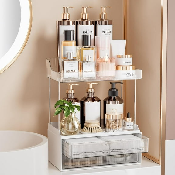 Visualz Bathroom Organizers and Storage, 2 Tier 2 Drawer Makeup Organizer Countertop, Easy to Install, Ideal for Bathroom Counter, Vanity, Ideal for Women Girls, Clear