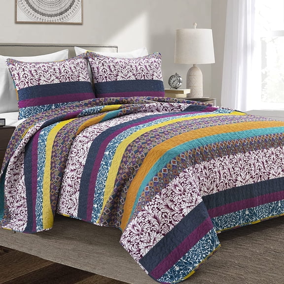 Visualz Boho Stripe Reversible Cotton Quilt 3-Piece Set, Full/ Queen, Plum & Yellow - Bold Colorful Bohemian Bedding Set