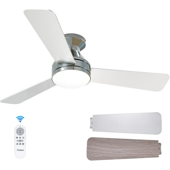 Visualz Ceiling Fans with Lights, 42 inch Low Profile Ceiling Fan with Light and Remote Control, Flush Mount, Reversible, 3CCT, Dimmable, Noiseless, Nickel Ceiling Fan for Bedroom, Indoor/Outdoor Use
