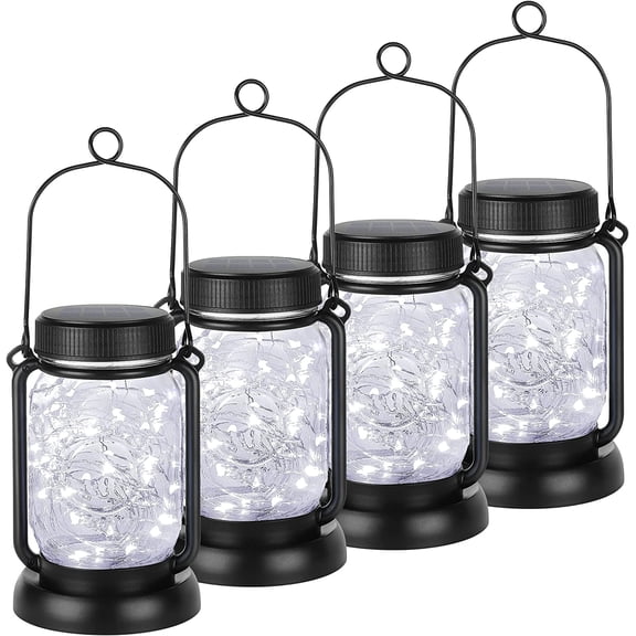 Visualz Cool White 4 Pack Solar Hanging Mason Jar Lights with Stakes, Waterproof Decorative 30 LEDs Outdoor Solar Lantern Lamp Patio Garden Tree Yard