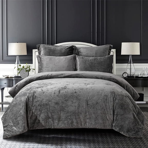 Visualz Distressed Velvet Comforter Set, Distressed Velvet Face and Brushed Solid Microfiber Reverse, with Light Weight Soft Poly Fill, 5 Pieces Grey, King