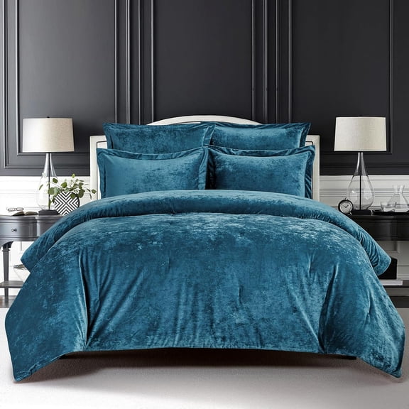 Visualz Distressed Velvet Comforter Set, Distressed Velvet Face and Brushed Solid Microfiber Reverse, with Light Weight Soft Poly Fill, 5 Pieces Teal, King
