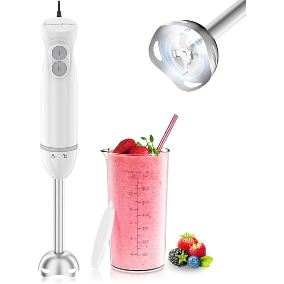 Visualz Hand Blender, Immersion Blender with 2 Mixing Speed, 2-In-1 Hand Held Stick Mixer with Beaker for Soups, Smoothies, Sauce, White