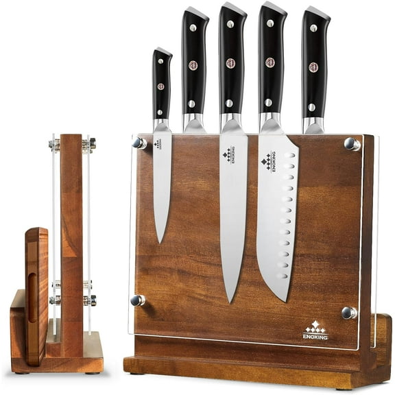 Visualz Magnetic Knife Block with Shield, Double Side Kitchen Knife Holder without Knives- Acacia Wood Universal Knife Storage Organizer with Powerful Magnet for Kitchen Counter