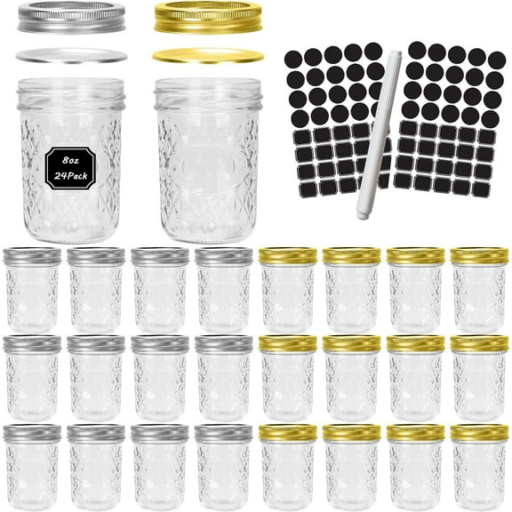 Visualz Mason Jars 8 oz, 24 Pack Canning Jars with Mixed Color Airtight Lids, Half Pint Canning Jar Ideal for Fermenting, Jam, Honey, Pickling, Wedding/Shower Favors, DIY Decors