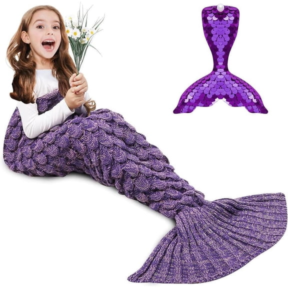 Visualz Mermaid Tail Blanket, Kids Soft Blanket Crochet Mermaid Sleeping Bag Mermaid Gift for Girls(Fish Scales Purple, Kids)