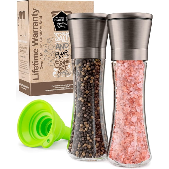 Visualz Original Gun Metal Bronze Salt and Pepper Grinder Set of 2 - Adjustable Ceramic Grinder - Tall Glass Salt and Pepper Shakers With Funnel and Ebook - Spice Mill - Bronze Kitchen Accessories
