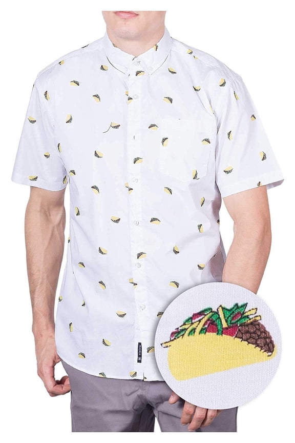 Men’s Short Sleeve Button Down Shirt – Taco Fiesta Llama Avocado Print – Funny Casual Gift