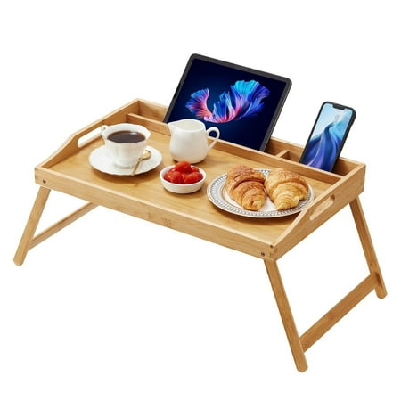 Viswild Multi-Functional Bamboo Bed Tray Table for Eating, Laptop, TV - Adjustable Bed Food Tray with Media Area, Waterproof & Sturdy for Bedside, Dining, and Couch Use