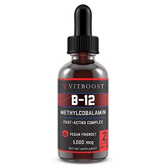 VITBOOST Vegan Liquid B-12 Drops 60 x 5000 mcg Extra Strength Raspberry Flavored Vitamin B12 Liquid Methylcobalamin sublingual Supplement | Designed to Maximize Absorption & Energy | Gluten Free
