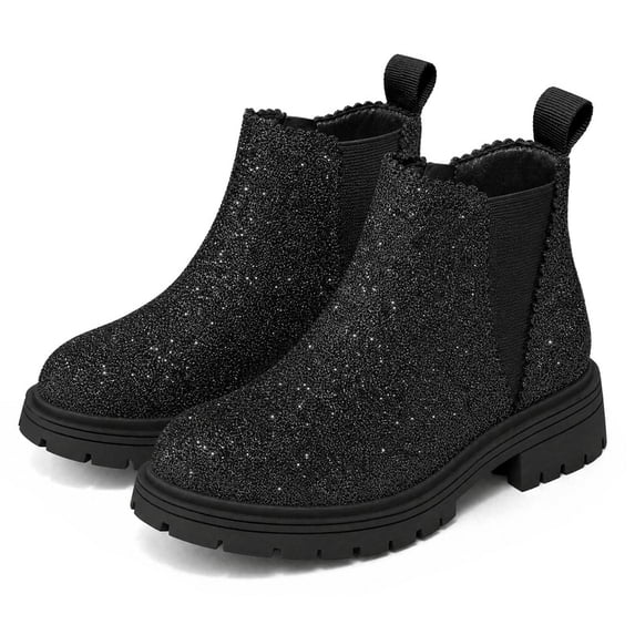 VitNoiva Girls Ankle Boots Low Heel Anti-Slip Kids Chelsea Booties Black Glitter 12 Litter Kid