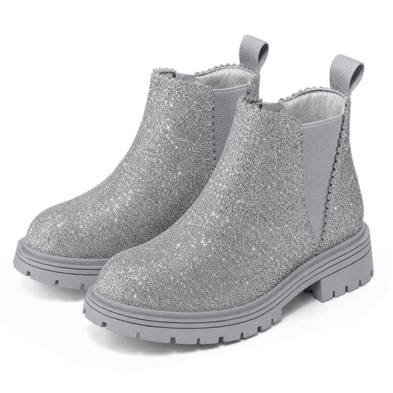 VitNoiva Girls Ankle Boots Low Heel Anti-Slip Kids Chelsea Booties Silver Glitter 11 Litter Kid