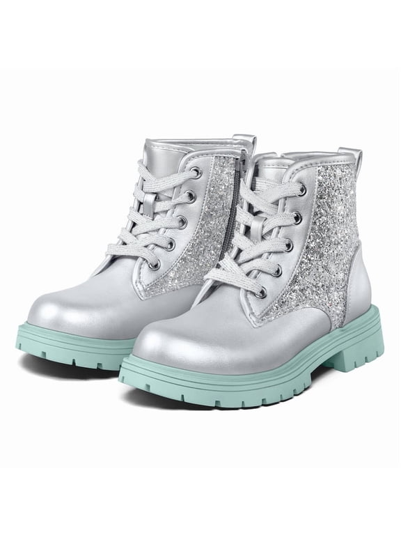 Kids Glitter Ankle Boots Waterproof Girls Martin Boots Sliver PU Glitter Boots for Daily Outdoor 3 Big Kid
