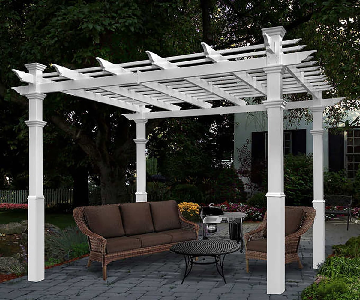 White Vinyl Square Pergola with Canvas Weave and Base Moldings