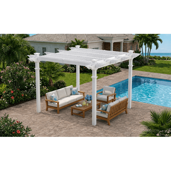 Vita 120"L x 120"W x 104"H Vinyl Avalon Louvered Pergola, White, VA42062