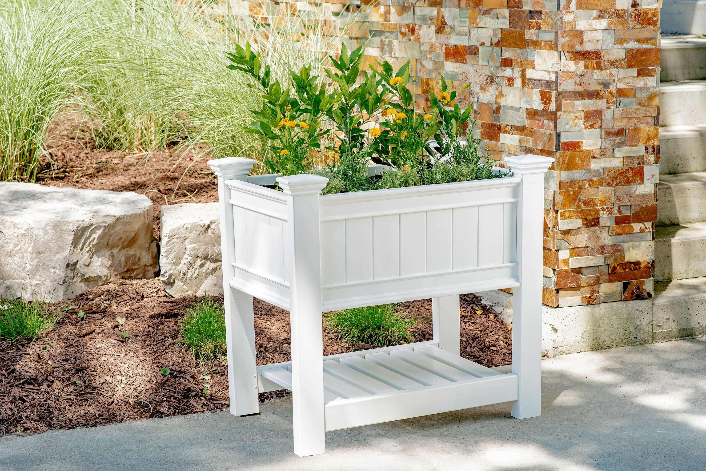Cambridge White Vinyl Raised Garden Planter with Shelf