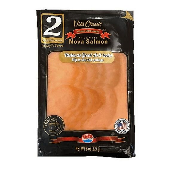 Vita Classic Sliced Smoked Nova Salmon, 8oz, 2-4oz packages, 1.3mg of Omega 3 fatty acids, 12g of Protein per 2oz serving size